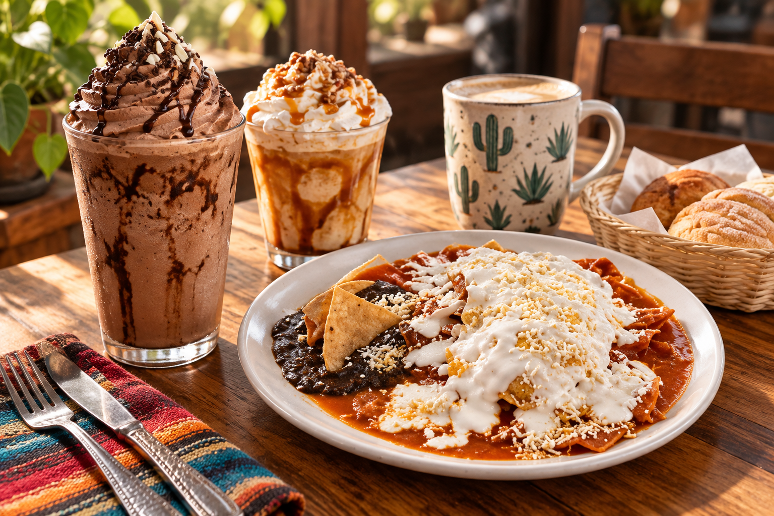 Bebidas frías, café y desayuno mexicano