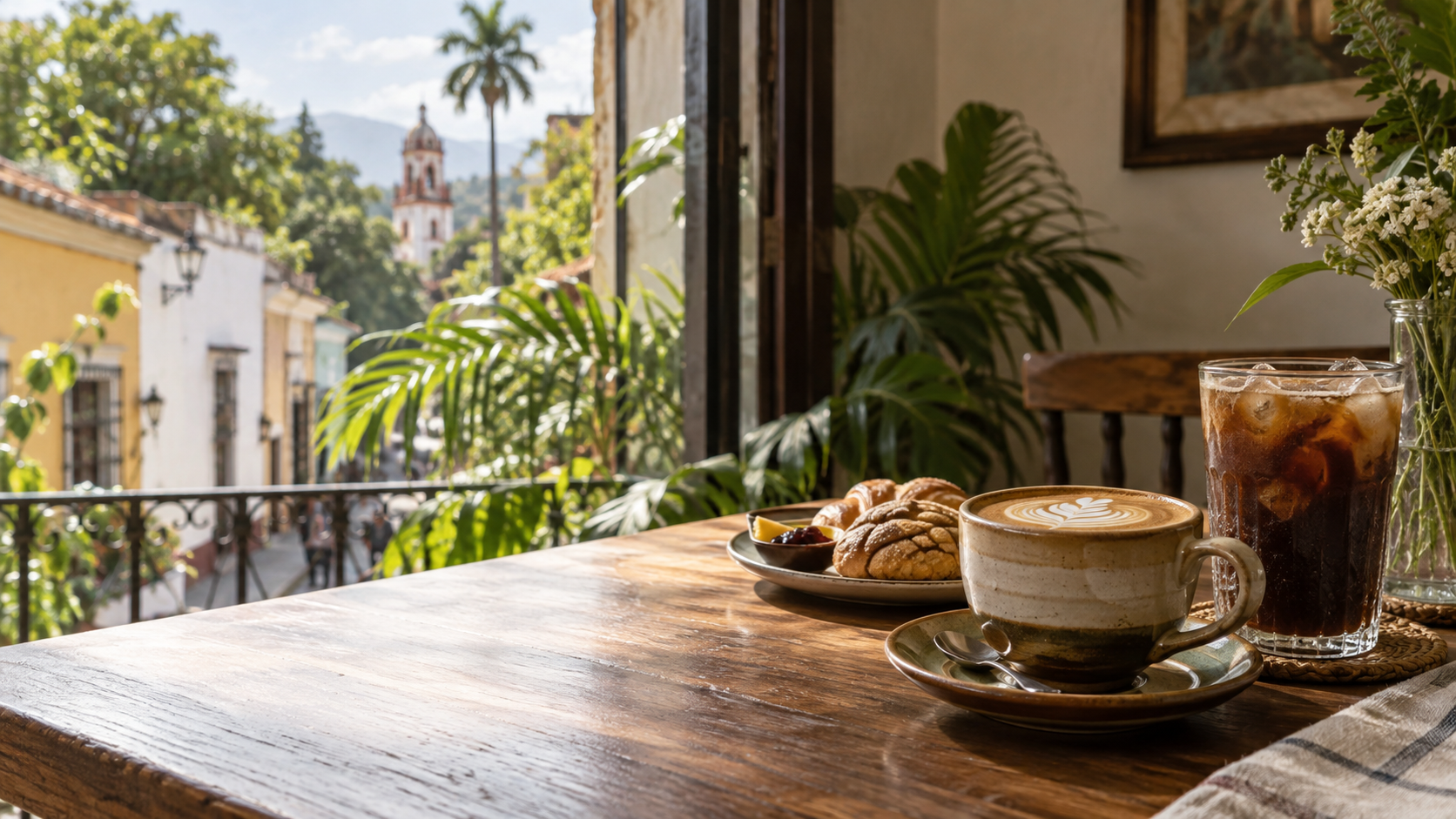 Mesa de cafetería con café, pan dulce y una vista luminosa